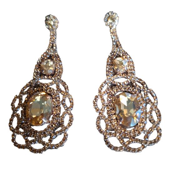 Statement Post Rhinestone Earrings Topaz Color - Picture 1 of 4